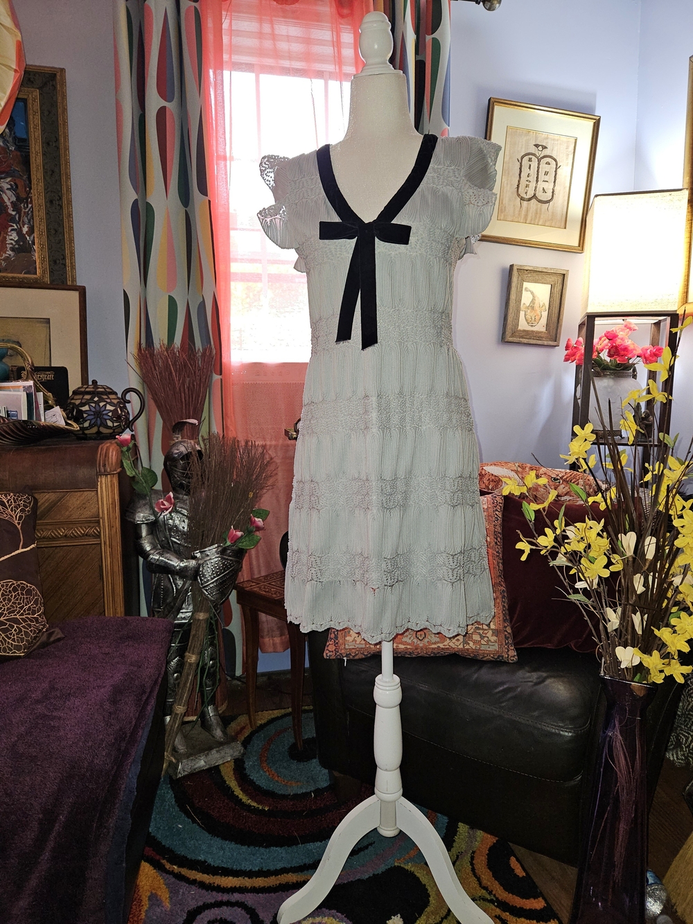 Eva Franco Sage Green Lace Mini Dress with Black Velvet Ribbon Neckline & Bow